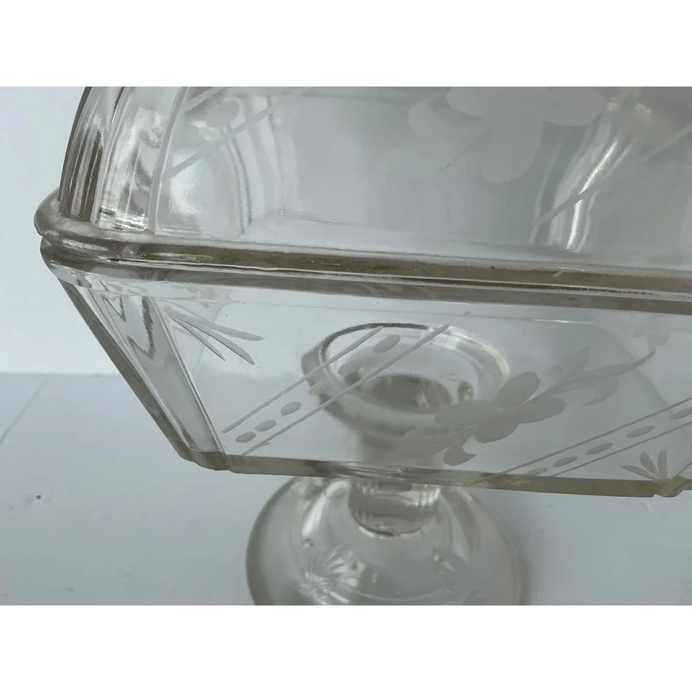Vintage Glass Pedestal‎ Candy Dish Etched Floral Square Lidded Clear